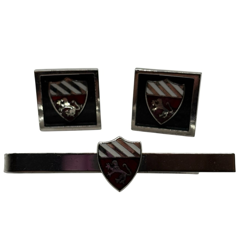 Fighting Lion Crest Square‎ Cuff Links Tie Bar Set Black Red Silver Tone Vintage